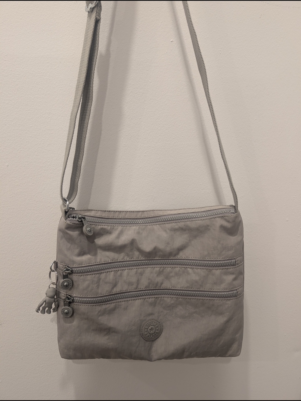 Kipling Light Gray Nylon Triple-Zip Crossbody